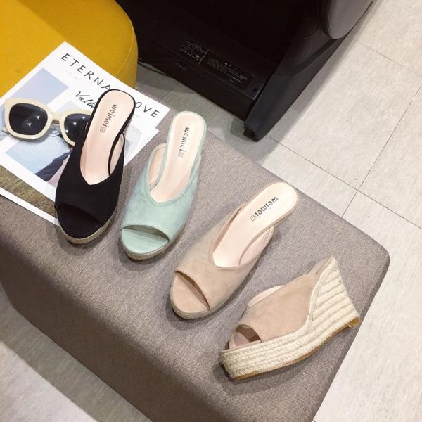 

slippers casual high-heeled shoes lady platform on a wedge slipers women peep toe slides low flock luxury heels soft 2020, Black