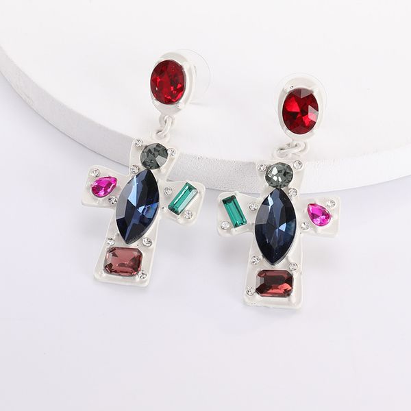 

earrings new alloy diamond rhinestone cross earrings female earrings stride in, Golden