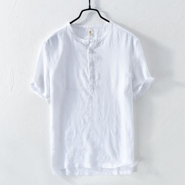 

mens striped pullover shirt short sleeve 100%linen casual stand collar shirts men clothing y1720, White;black
