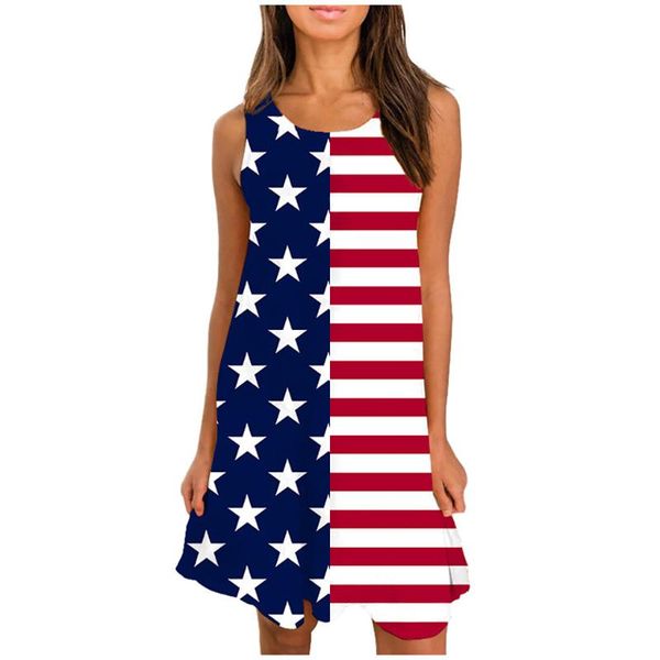

women's casual summer sleeveless flag printed america o-neck loose dress ladies independence day flag print dress, Black;gray