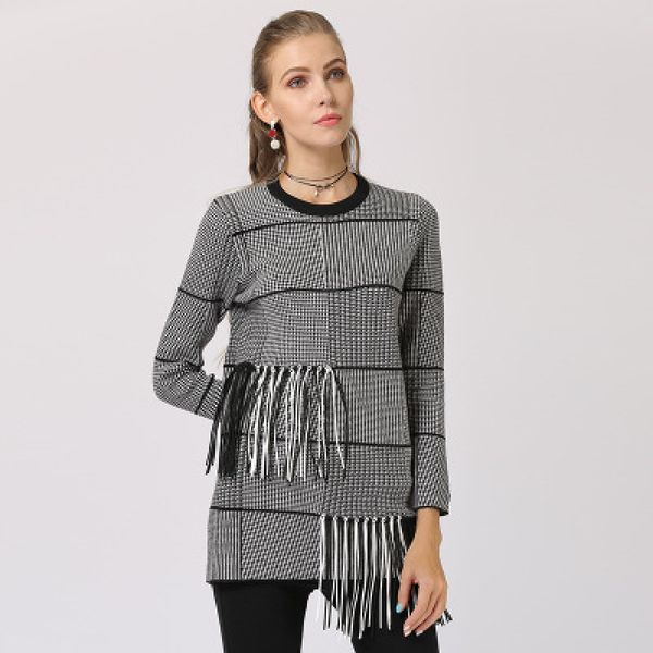 

2020 new autumn women fashion tassel stripe sweater female round neck long sleeve ladies leisure pullover girl top, White;black