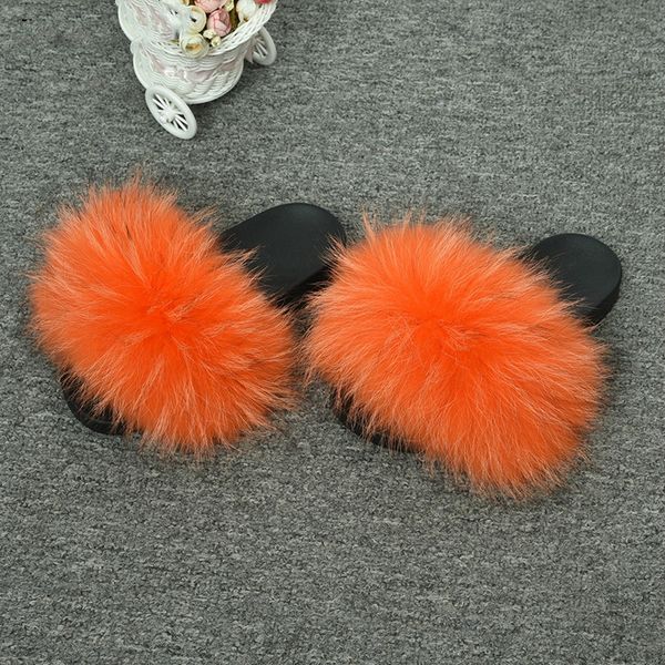 

2019 designer real raccoon fur slippers rainbow color pvc fur slides for women summer nonslip sandals, Black