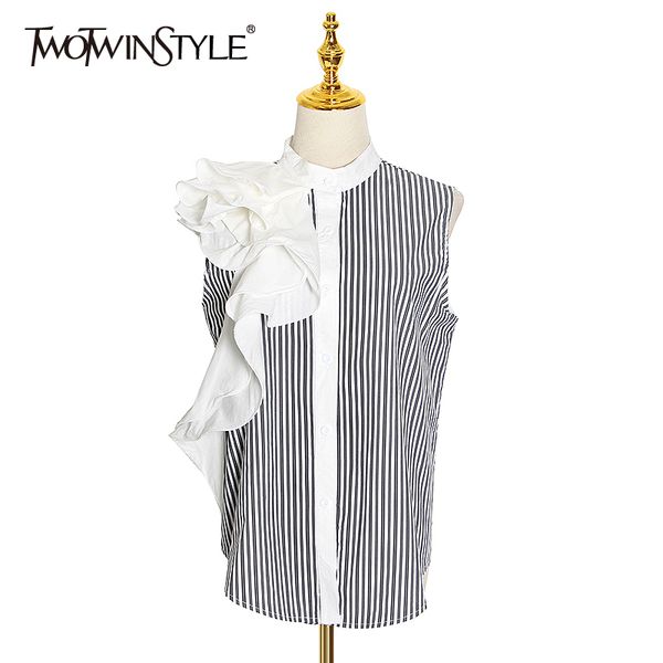

twotwinstyle elegant patchwork ruffles women t shirt o neck sleeveless loose hit color striped t-shirts female 2020 summer tide, White