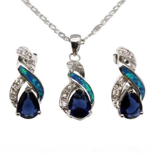 

925 sterling silver jewelry sets natural opal genuine ocean blue sapphire 8 design pendant necklace earring christmas gifts opjs6