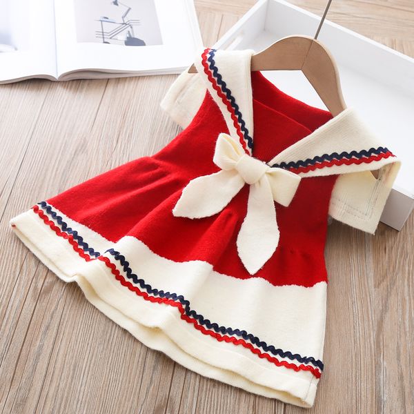 

girls' navy dress autumn bow knitted vest dress fashion princess, Red;yellow