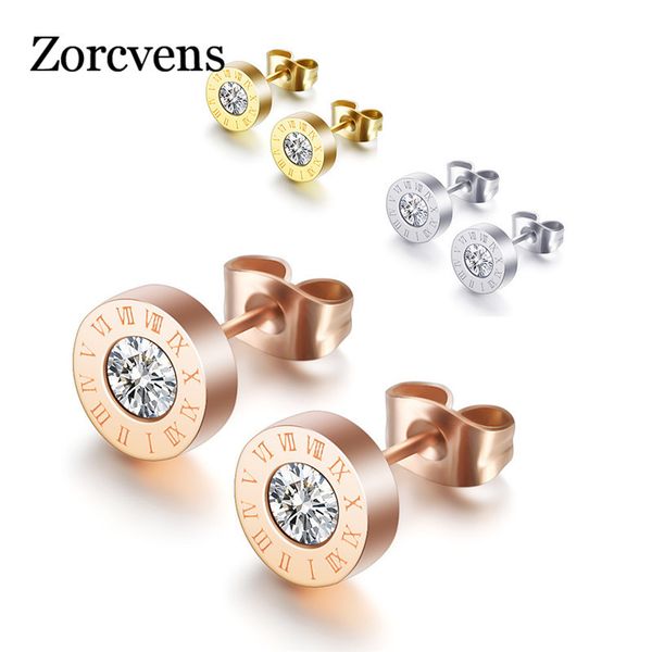

zorcvens fashion new stainless steel crystal stud earrings for women men jewelry vintage roman numerals small earrings wholesale, Golden;silver