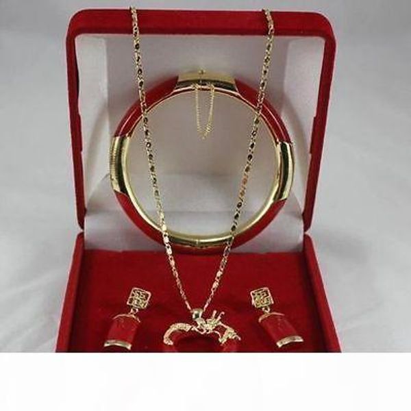 

2017 fine jewellery 18k yellow gold red jade earring pendant bracelet set, Black