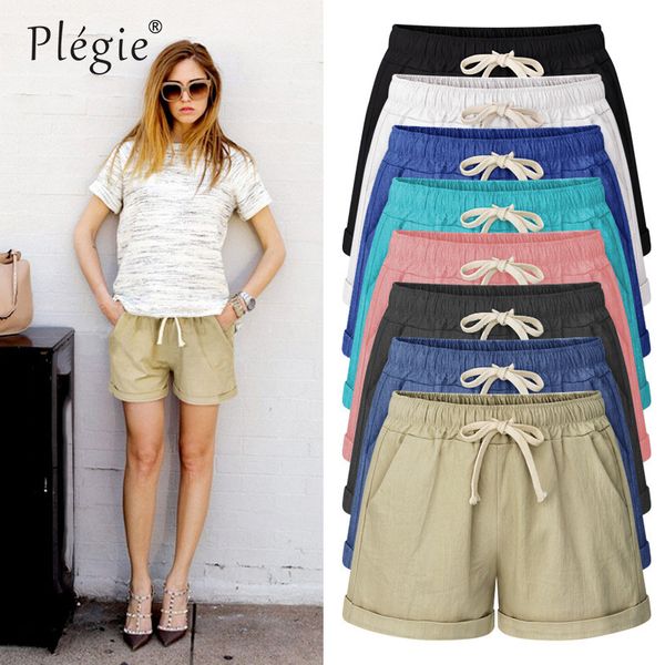 

plegie summer plus size shorts women candy color lace-up elastic waist comfortable thin short female shorts with pockets m-6xl, White;black