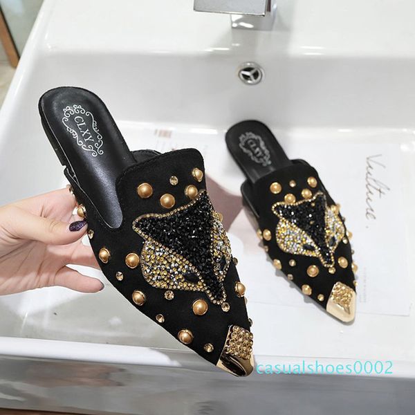 

2020 new fashion woman casual shoes lady head pointed bling slippers in summer shoes black on low heel rivet slip woman c02