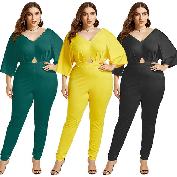 

autumn plus size soild jumpsuit women v neck half sleeve hollow out green black romper jump suit slim elegant overalls for women, Black;white
