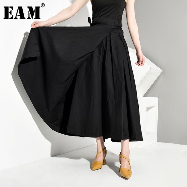 

eam] high waist black bandage false two spliced loose half-body skirt black women fashion tide new spring autumn 2020 jr4780