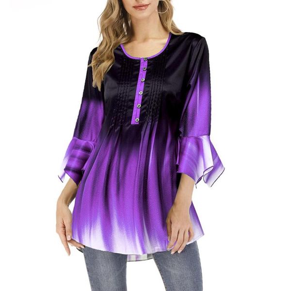 

women blouses o neck ruffled sleeve gradient color pleated blouse tunic long-sleeve shirt female chiffon women's clothing, White