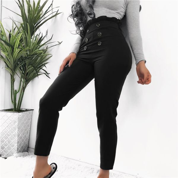 

2019 women streetwear pants lace high waist solid color pencil pants button decor full length trousers, Black;gray