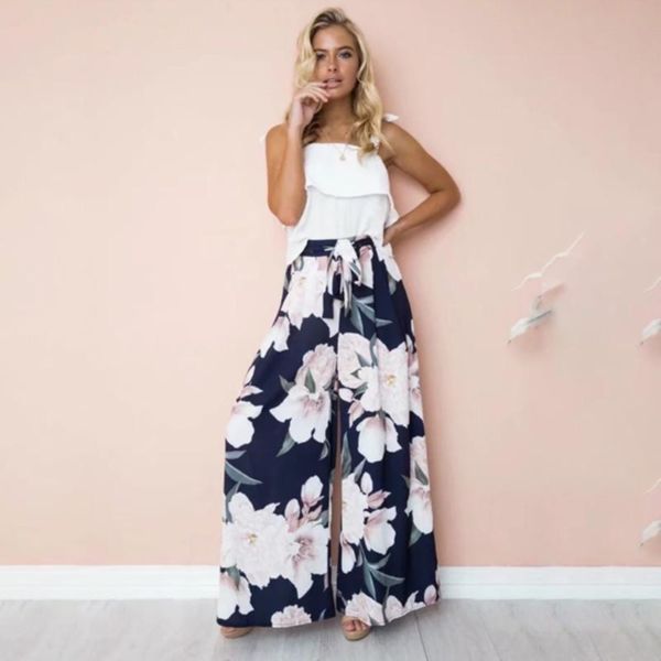 

women's palazzo floral geometric printed elastic high waist sashes long wide leg pants loose culottes maxi trousers, Black;white
