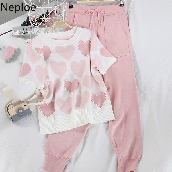

neploe 2 шт наборы женская одежда knit эпикировка love heart с коротким рукавом топы и брюки tracksuit 2020 новый двухкусочный pink set t200, White