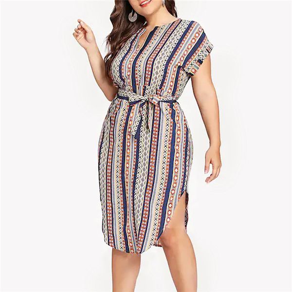 

striped women dresses printed o-neck sashes short sleeve casual knee-length dress summer plus size asymmetrical kleider #15, Black;gray