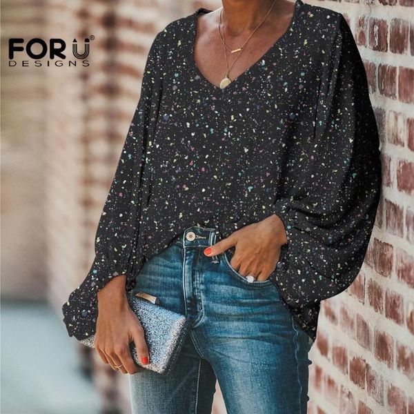 

forudesigns black chiffon loose blouse colorful little star bling pattern vogue large size ladies long bubble sleeves design, White
