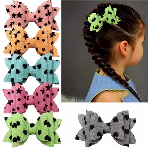 

6pcs 3.5 inch children's swallowtail cute glitter three-dimensional heart hair bows fluorescent sequins hair clips, Slivery;white