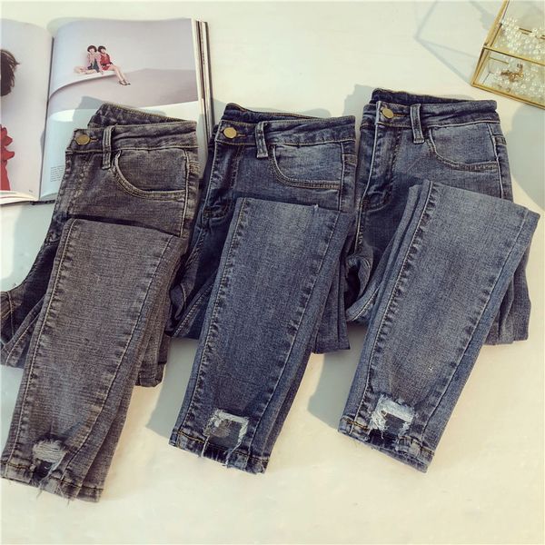 

g1182 2020 spring autumn new women fashion big size loose chic elastic high waist broken hole nine points jeans wholesale, Blue