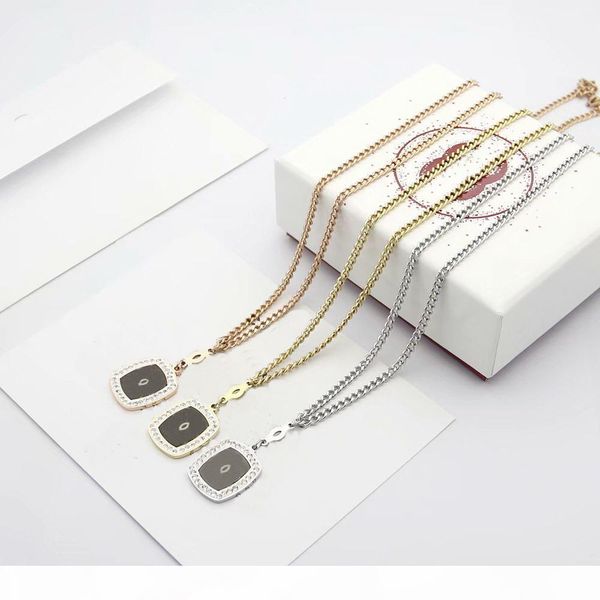 

new arrive fashion lady titanium steel 18k gold thick long necklace with c letter settings diamond black square pendant 3 color, Silver