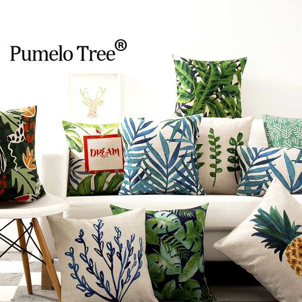 

almofadas square green tropical plants leaves linen pillow case cushion cover for home car decoration customized blue cojines
