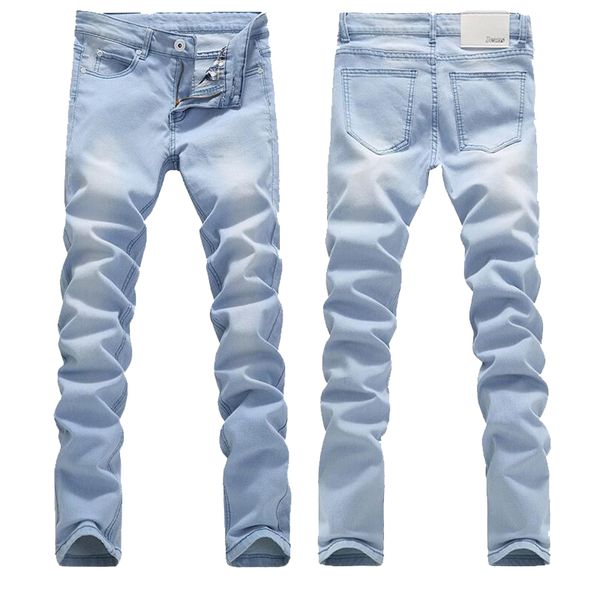 

mens light blue skinny jeans spring summer slim fit denim jeans male cotton stretch denim pants cowboy trousers