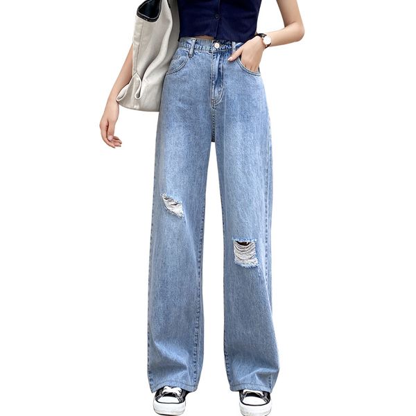 

ripped high waist jeans cotton full length loose and slim spring and autumn 2020 new comfortable wide leg vertical straight tube, Blue