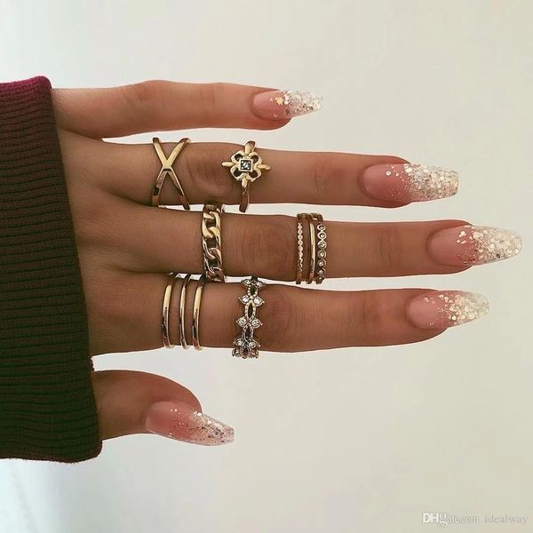 

8 pcs/set rings set vintage rhinestone midi finger ring sets for women gypsy dancer boho party jewelry, Silver