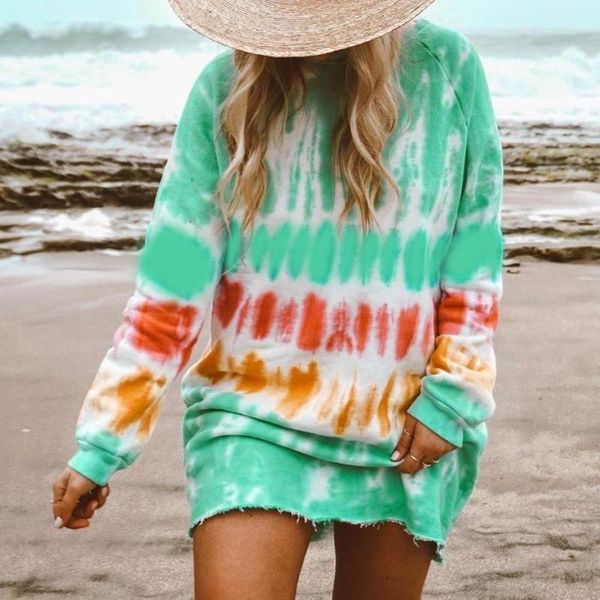 

casual dresses rainbow tie dye print sweatshirt dress for women long sleeve o-neck mini female loose straight sundress, Black;gray