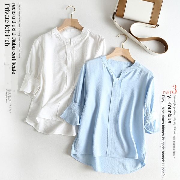

b7732-korean women's pullover pulloverhorn pulloverclothing 2019 new simple solid color v-neck horn sleeve pullover shirt for women, White