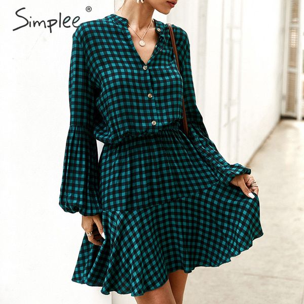 

simplee streetwear women office dress lantern ruffled strap spring plaid dress work wear lady shirt collar retro mini 2020, Black;gray