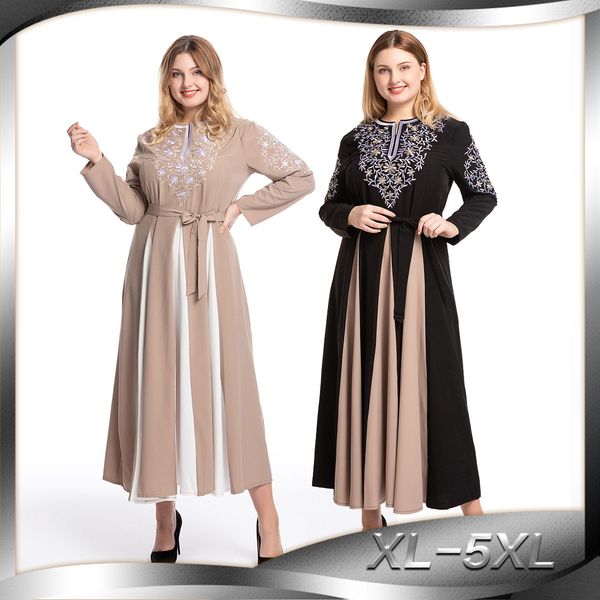 

large size fashionable embroidered dress dress round neck long sleeve stitching large swing abaya 6112, Tan;black