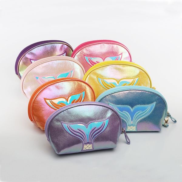 

new laser fishtail semicircle cosmetic hand cosmetic cartoon mermaid makeup bag rainbow magic color hand bag, White