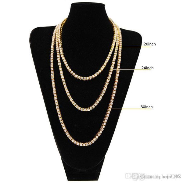 

hip hop bling chains jewelry mens necklace iced out tennis chain rhinestone single row necklace 18inch-30inch2020, Silver