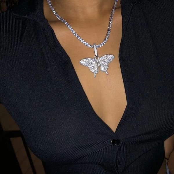 

iced out sparking bling hip hop women men jewelry 5mm cz tennis chain gold silver pink cz butterfly necklace