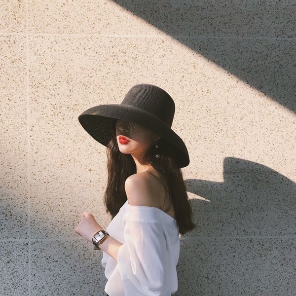 

audrey hepburn straw hat sunken modelling tool bell-shaped big brim hat vintage high pretend bility tourist beach atmosphere y200716, Blue;gray