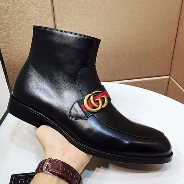 

fast delivery men boots zapatillas hombre comfortable dress luxury ankle boots formal style slip -on men shoes leather boot with gg web sale, Black