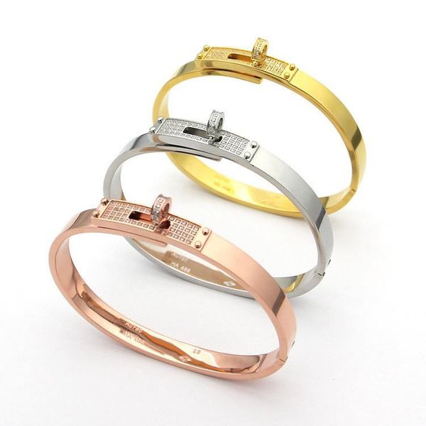 

fashion lady titanium steel full diamond circle rotary buckle h letter 18k gold plated bracelet bangle 3 color, Black