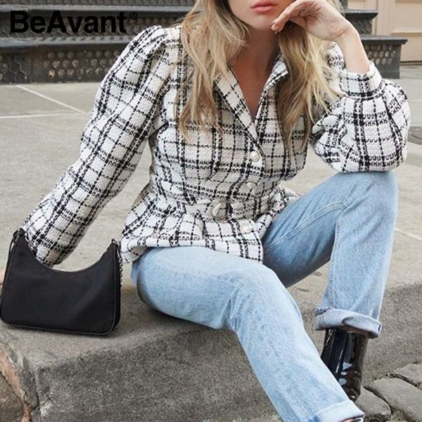 

beavant commute suit collar single-breasted women blazer coat autumn winter plaid tweed female blazer office lady jacket, White;black