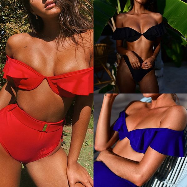 

2019 solid color ruffled strap high waist belt swimsuit bikini swimsuit bikini, White;black