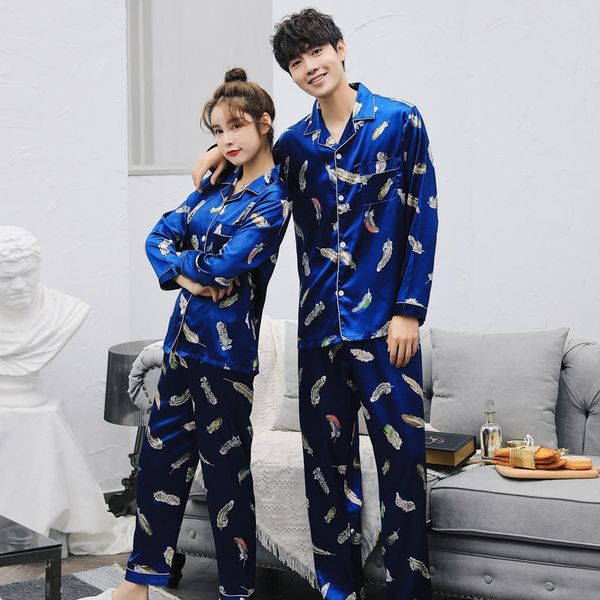

vl4fa autumn long sleeve couple suit men pajama ice silk women's lapel autumn long sleeve pajamas couple pajamas suit men pajama ice si, Blue;red