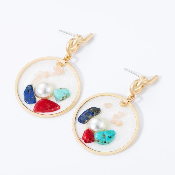 

personalized knotted alloy round resin pearl turquoise earrings fashionable girl temperament simple earrings, Golden
