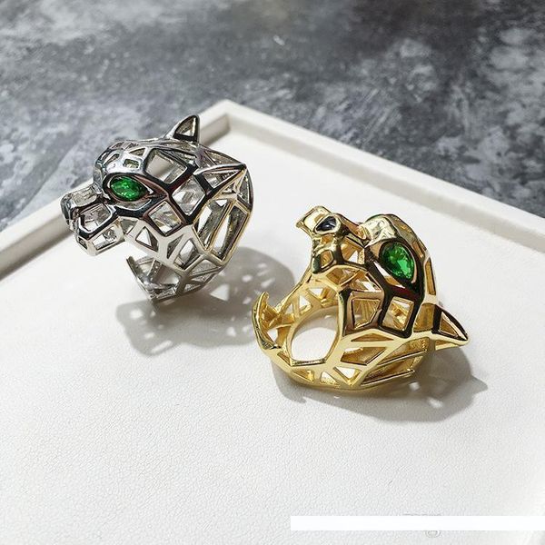 

exquisite copper-plated openwork green rhinestone leopard head open ring for ladies' jewelry, Silver