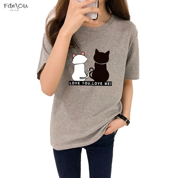 

women t shirt two cats print t shirts women short sleeve o neck cotton causal tees slim letter t shirt, White