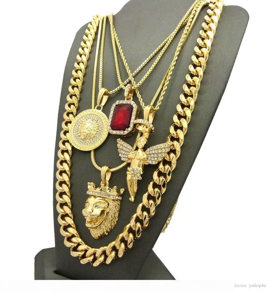 

k iced out hip hop красный рубин, ангел, лев, 12ммы 30inch кубинской chain 5шта ожерелье set singer рэпер bling аксессуары, Silver