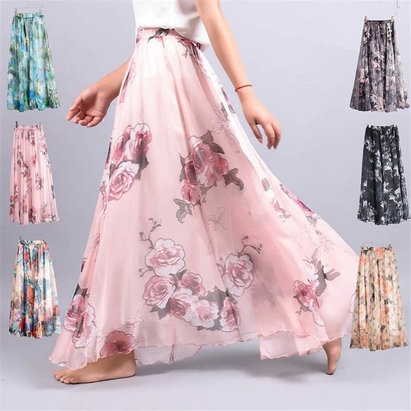 

women florals print long skirt female bohemia style elastic high waist chiffon skirt casual chiffon beach skirts pt052, Black
