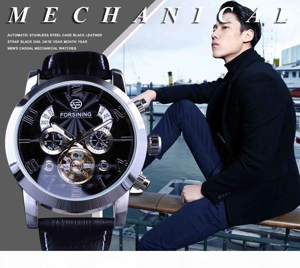 

forsining 5 hands tourbillion fashion wave dial design multi function display men watches brand luxury automatic watch clock j190706, Slivery;brown