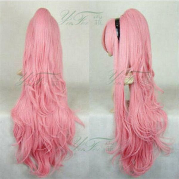 

new ladies girl wig dark pink cosplay long curly wavy clip on ponytail, Black