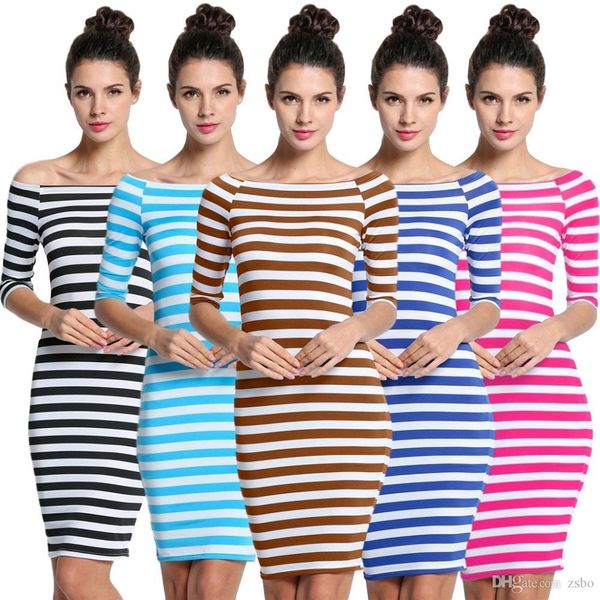 

2017 dresses for womens striped ladies fashion slim fix boho dresses half sleeve knee length casual off the shoulder pencil dresses lyq57 rf, Black;gray