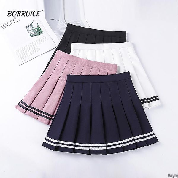 

new year skirt women's high waist striped stitching mini dance skirt elastic waist sweet girl pleated summer long fe, Black